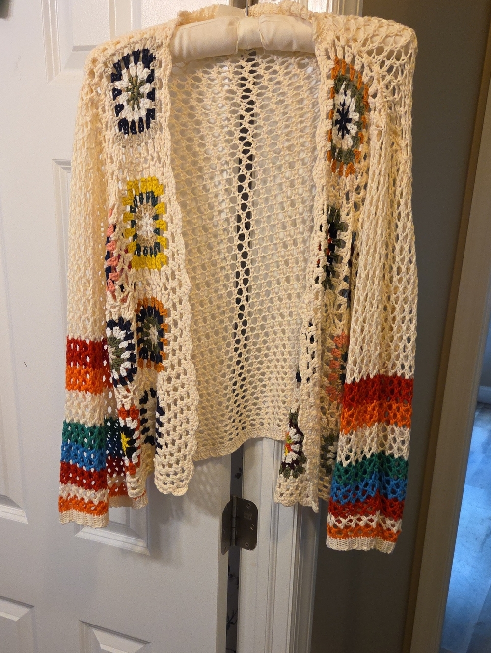 Shein Women’s Crochet Open Cardigan -Cream with Multicolor Accents